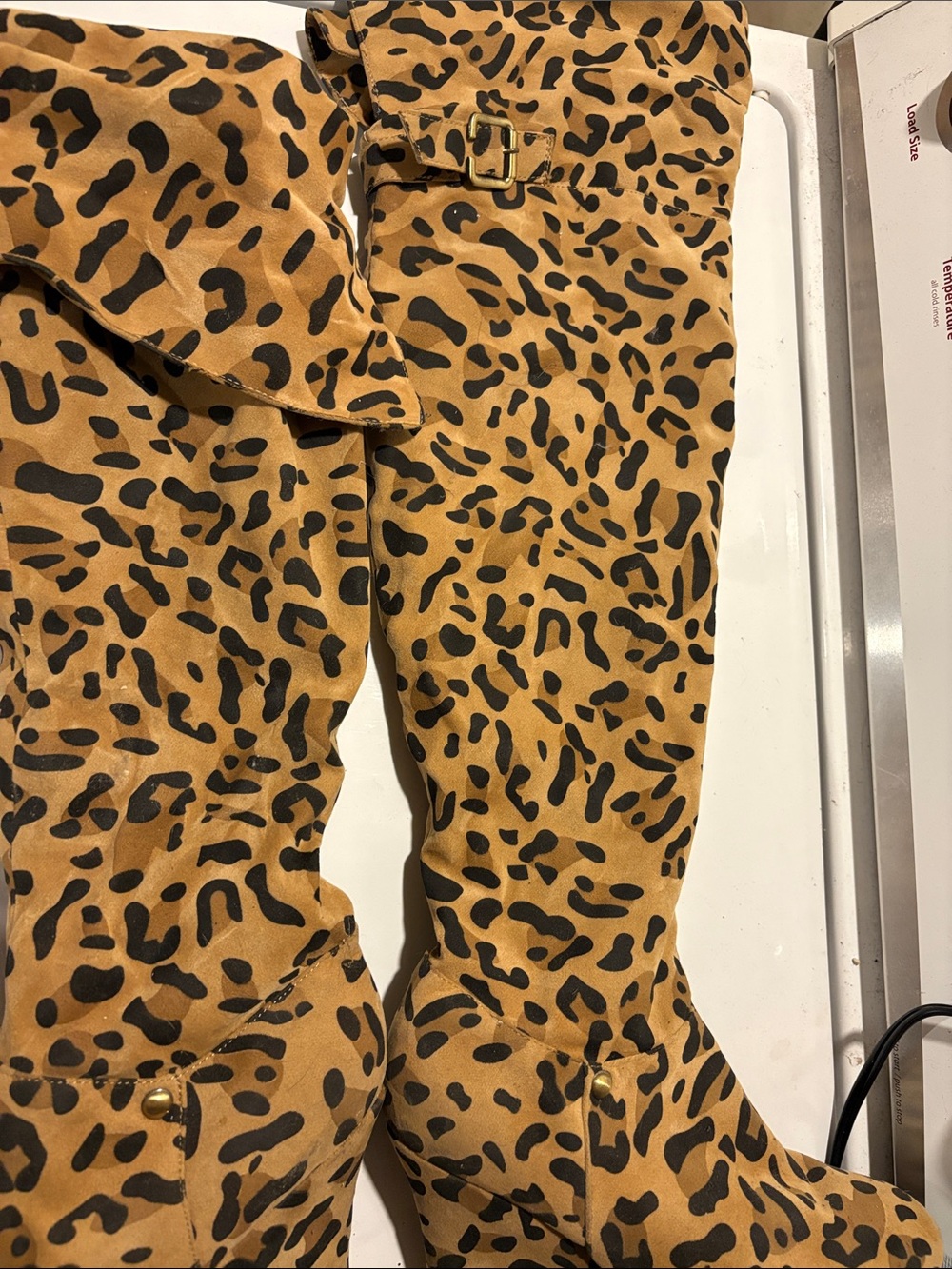 Leopard Print Over-the-Knee Boots - Tan/Black